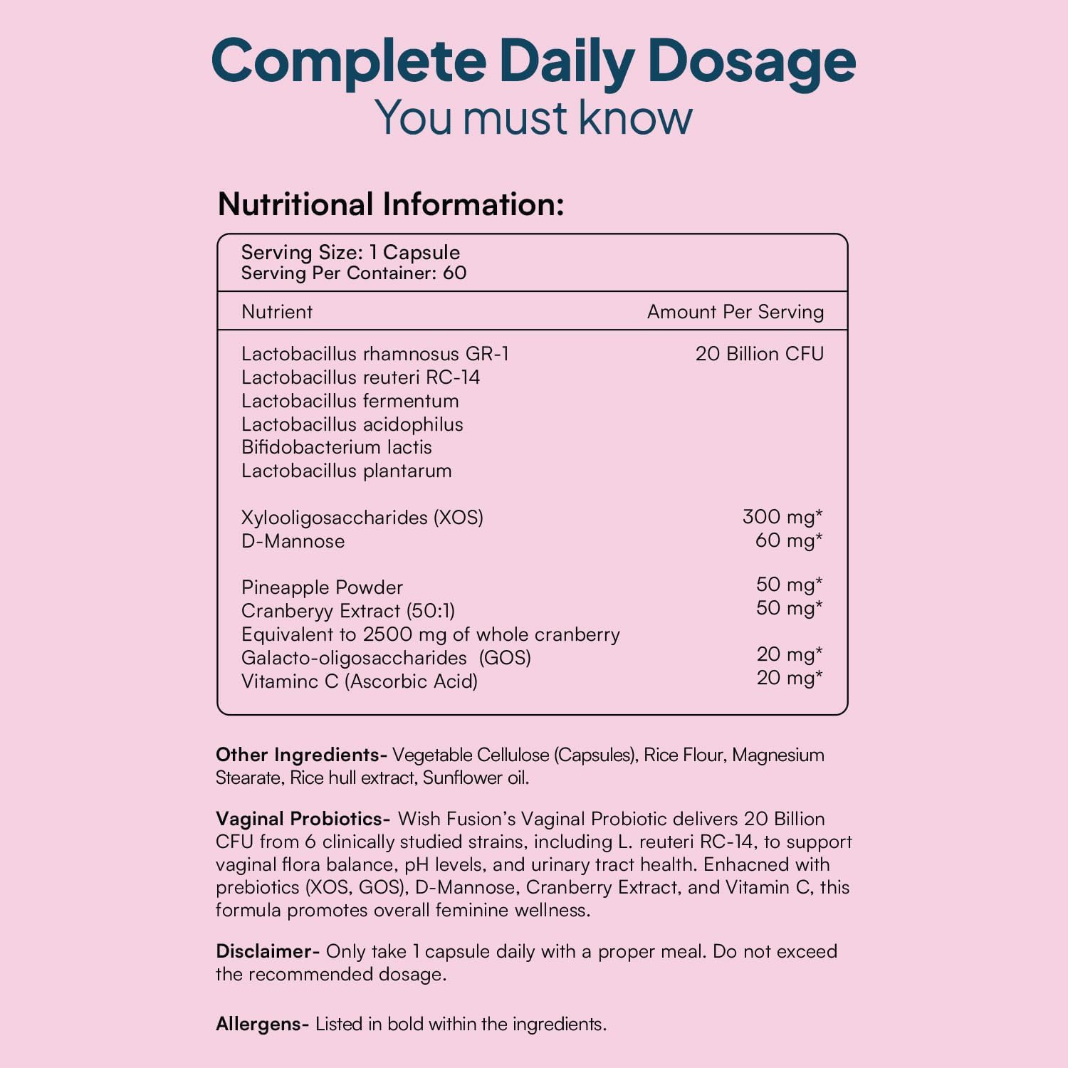 Wish Fusion Probiotics for Women bottle pour demonstrates shelf-stable daily intake.