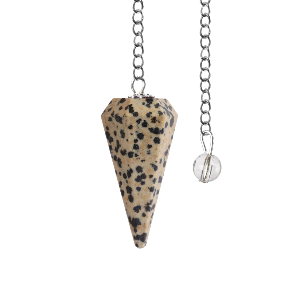 Wish Well Dalmatian Jasper pendulum with crystal ball on chain for meditation and energy balance.