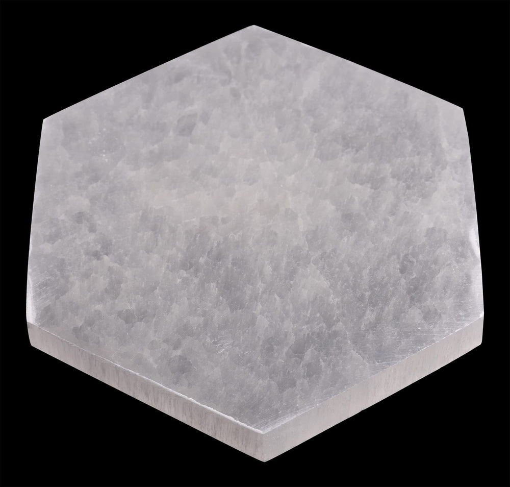 Wish Well large 6-inch hexagon selenite plate ideal for cleansing crystals and charging stones.