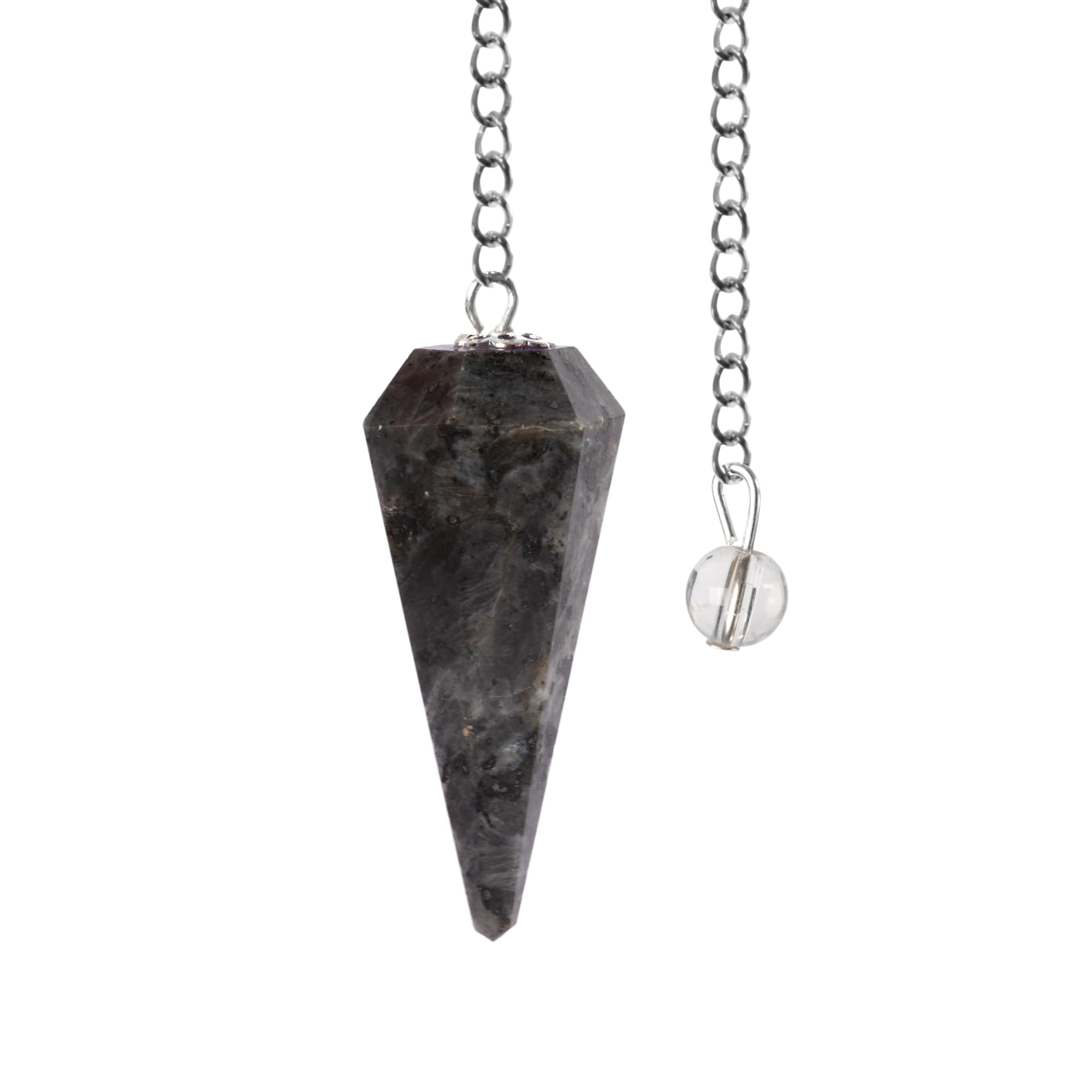 Wish Well larvikite pendulum with crystal ball on chain for focused divination sessions.
