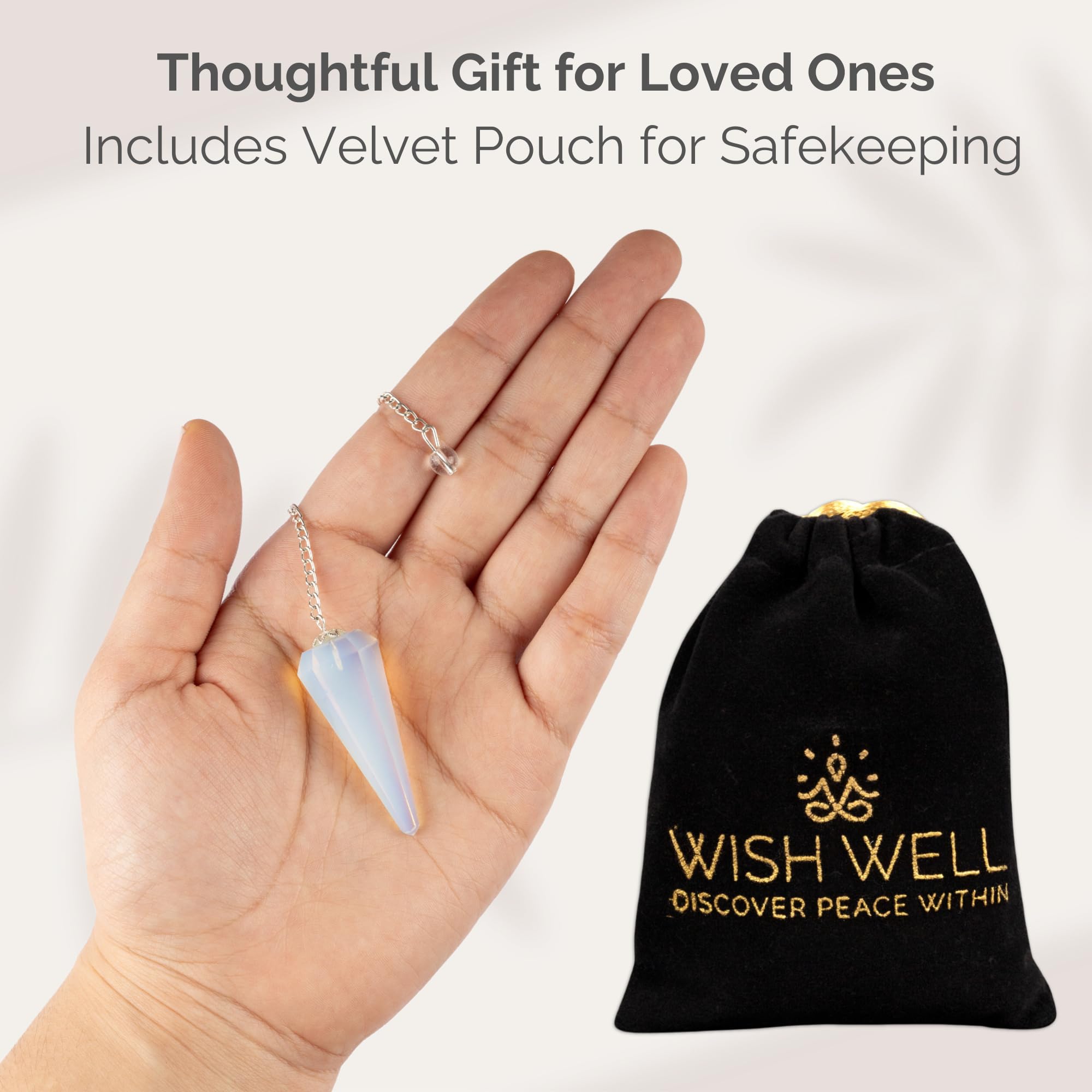 Wish Well Opalite pendulum arrives gift-ready in velvet pouch.