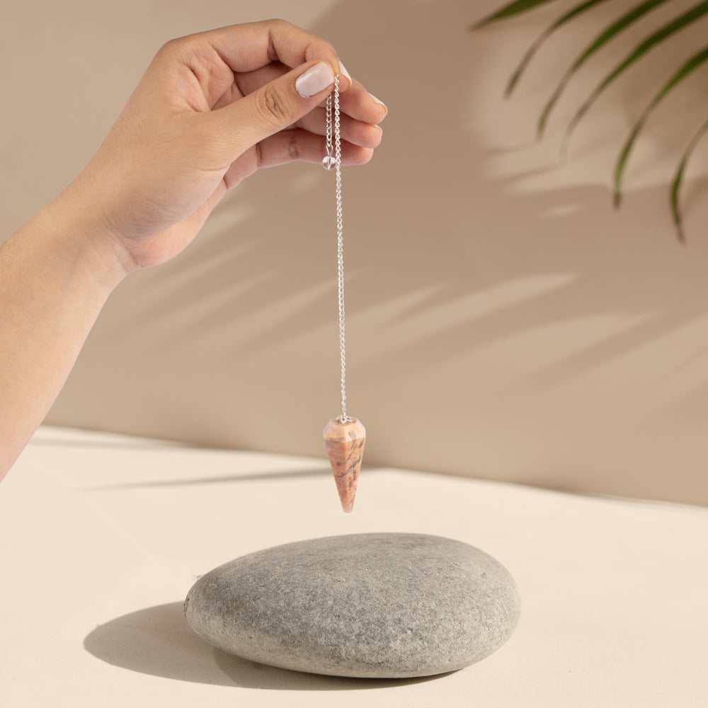 Wish Well Peach Moonstone crystal pendulum set aids divination sessions and chakra work.