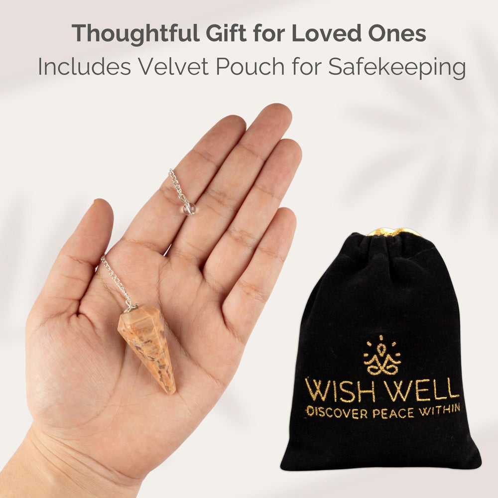 Wish Well Peach Moonstone velvet pouch packaging for a thoughtful energy healing gift.