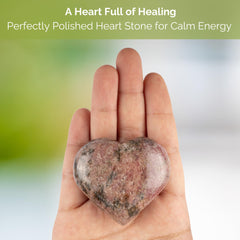 Wish Well Rhodonite heart crystal close-up emphasizing soothing energy for anxiety relief rituals