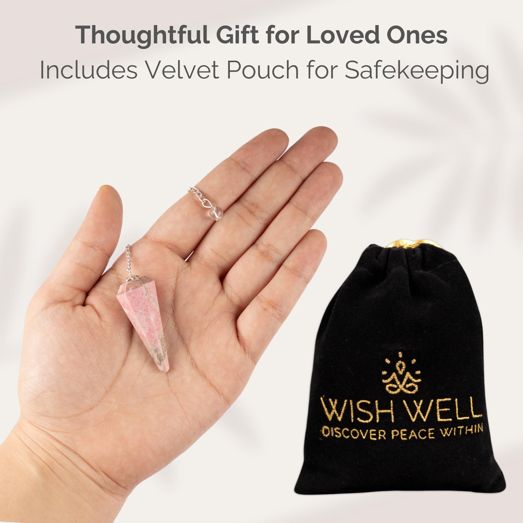 Wish Well rhodonite pendulum with velvet pouch for thoughtful gifting and storage.