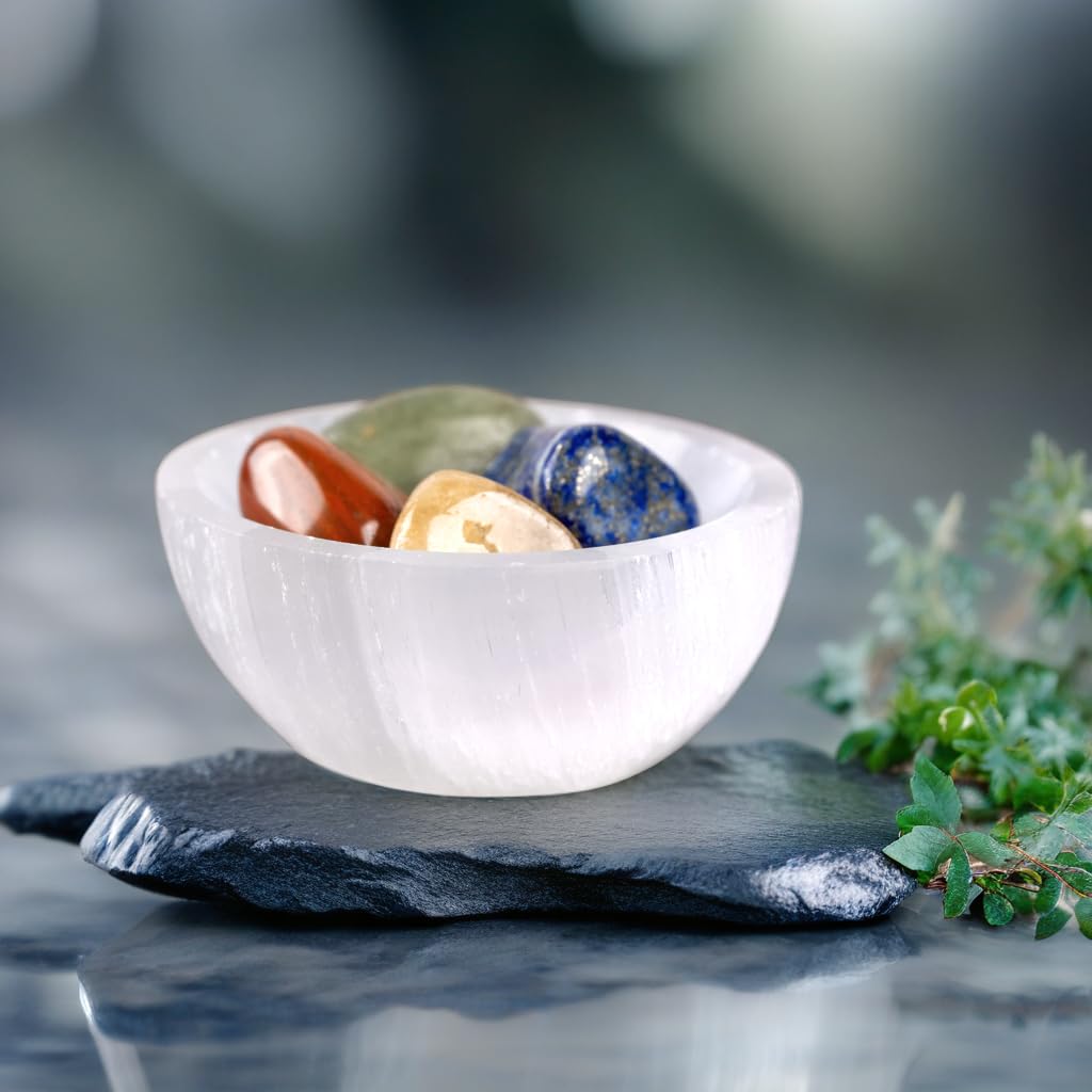Wish Well Moroccan-crafted selenite bowl pairs with crystals and jewelry