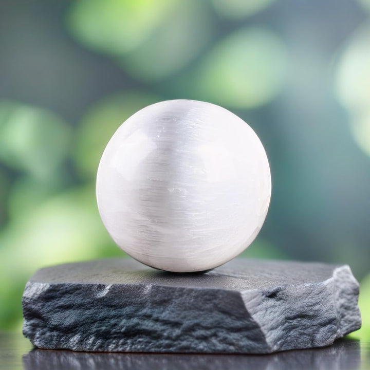 Wish Well selenite sphere on a shelf adds refined ambience.