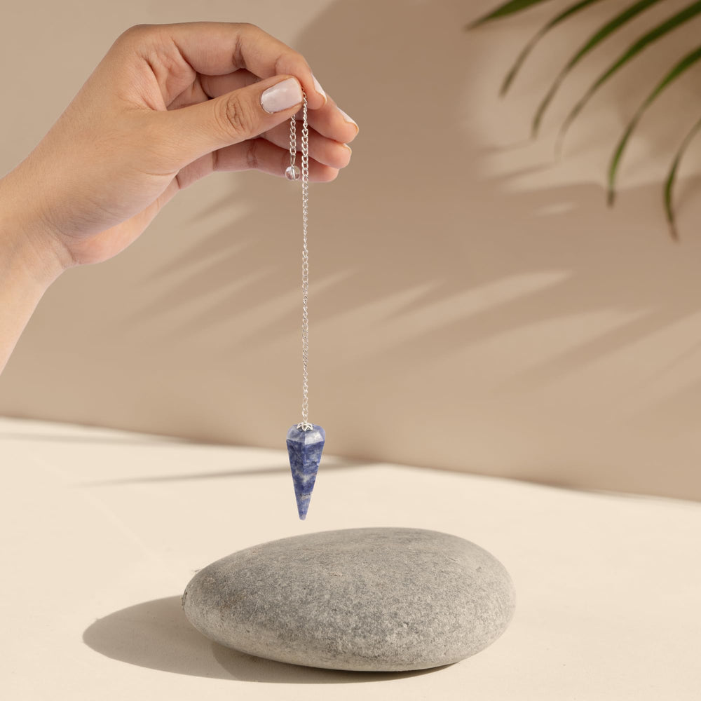 Wish Well Sodalite pendulum closeup showing authentic crystal for clarity.