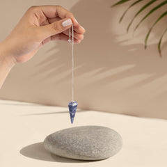 Wish Well Sodalite pendulum closeup showing authentic crystal for clarity.
