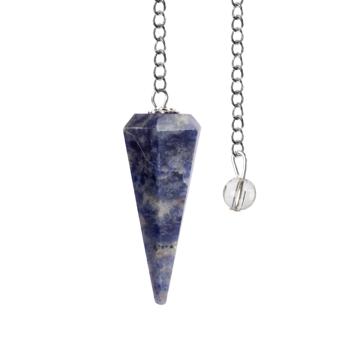 Wish Well Sodalite pendulum with crystal ball on chain for meditation and intuition.