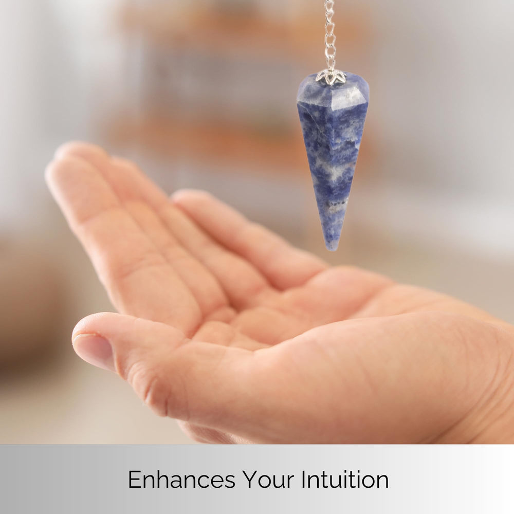 Wish Well Sodalite pendulum resting in velvet pouch for gifting.