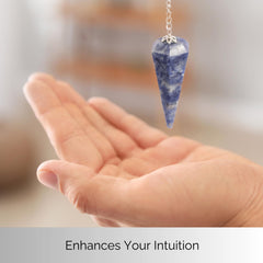 Wish Well Sodalite pendulum resting in velvet pouch for gifting.