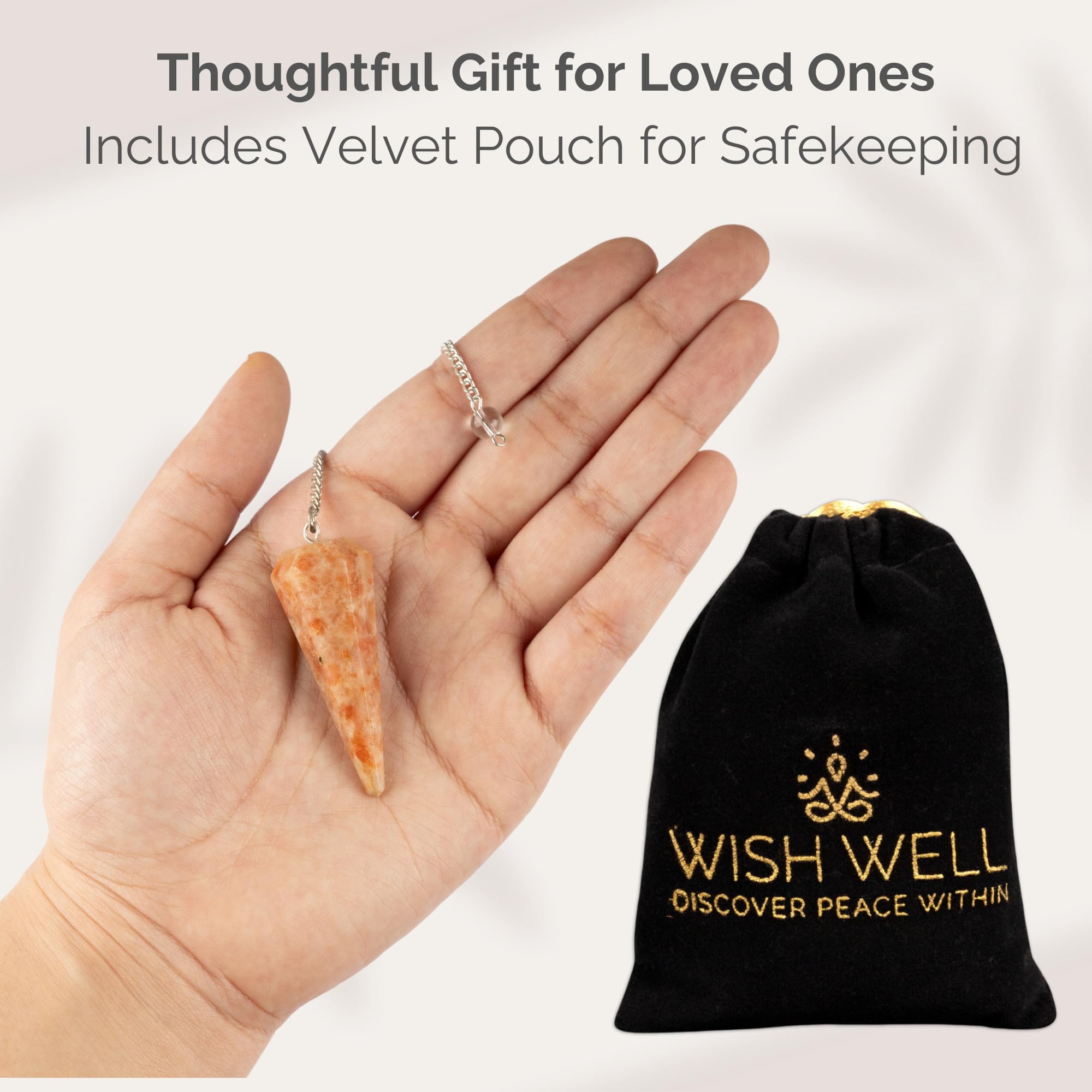 Wish Well Sunstone Pendulum in velvet gift pouch ready for gifting.