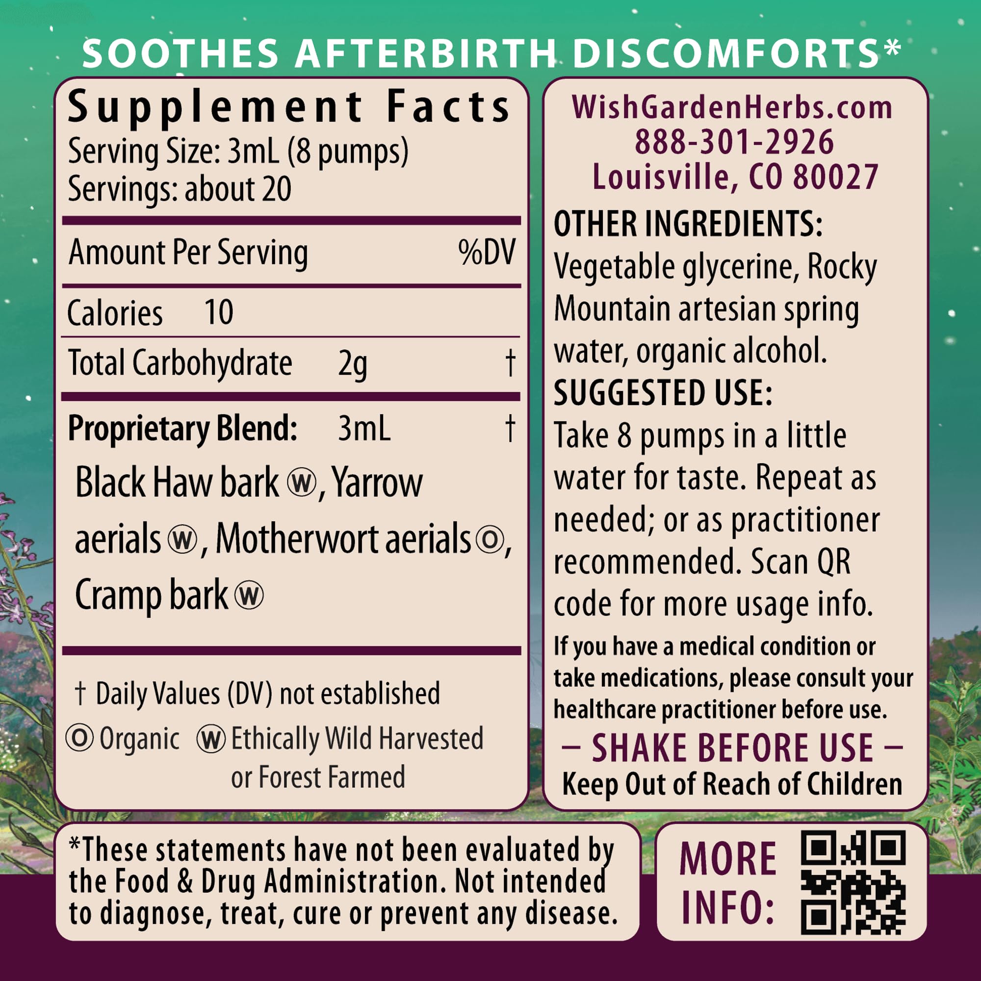 WishGarden AfterEase bottle label close-up shows organic, vegan ingredients