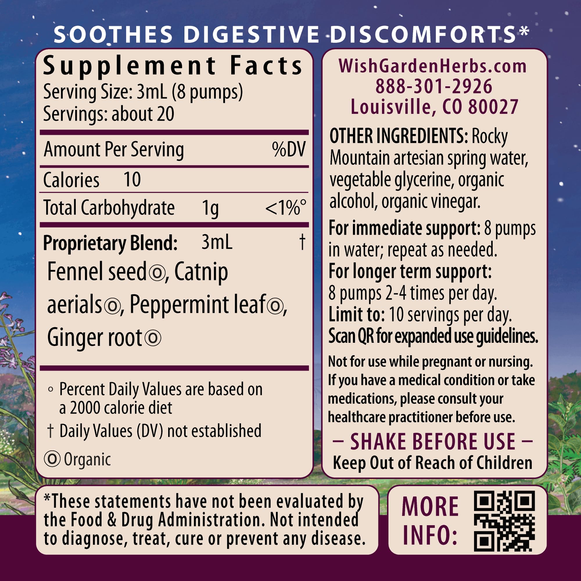 WishGarden Digestive Rescue bottle-pour shows easy dispensing for on the spot support.