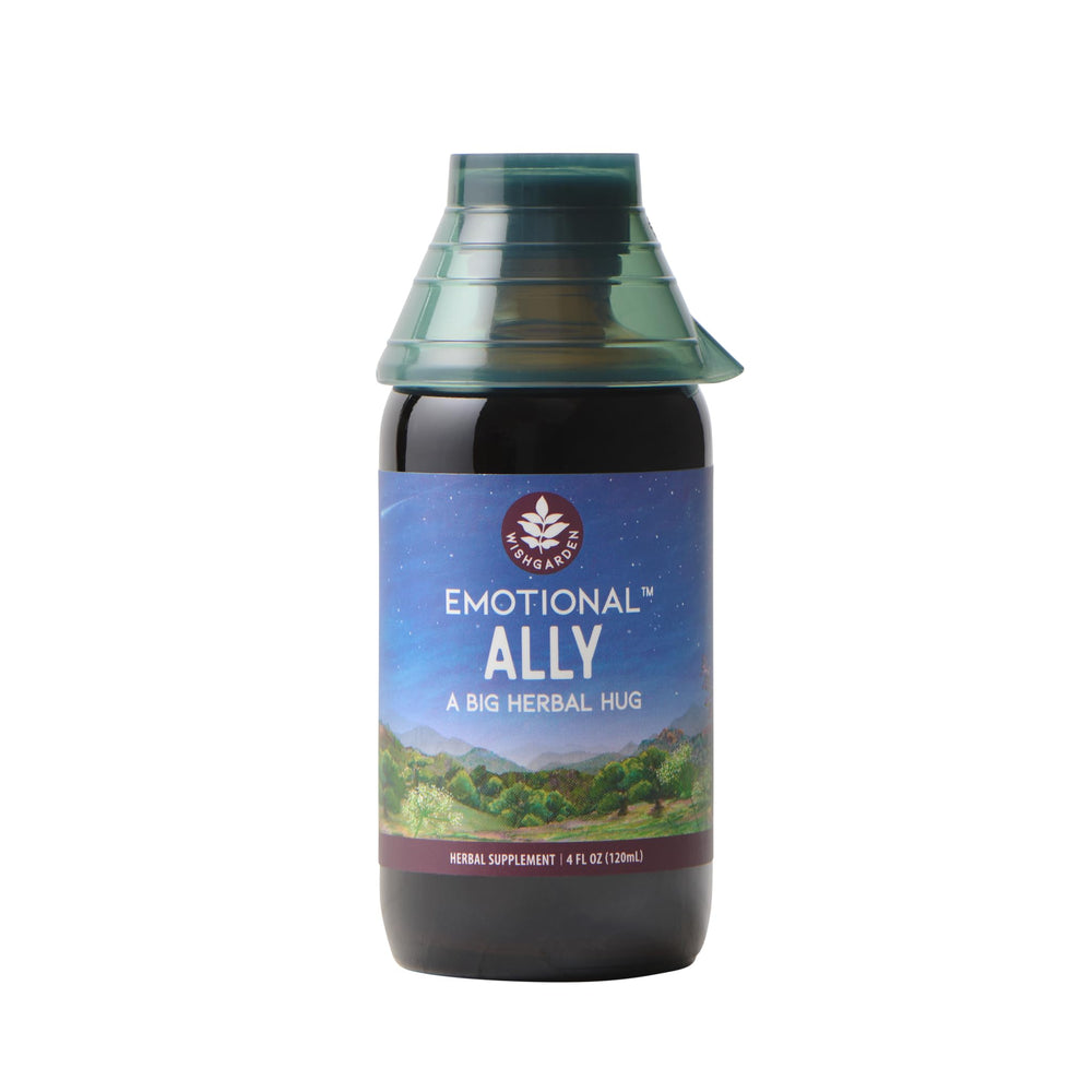 WishGarden Emotional Ally bottle label highlighting calming grounding benefits