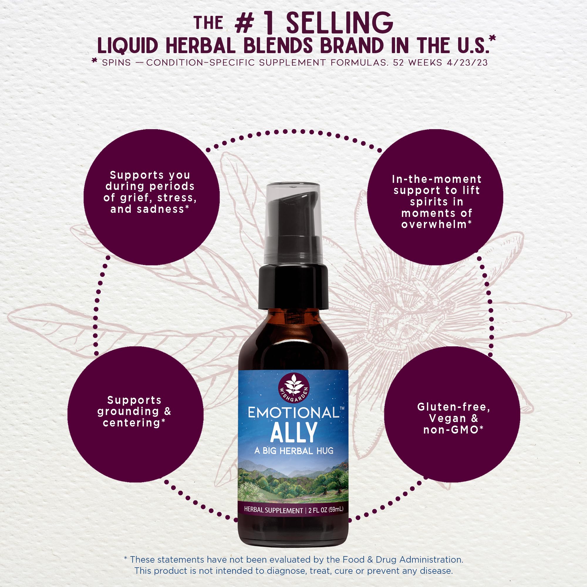 WishGarden Emotional Ally label close-up emphasizes organic, non-GMO ingredients