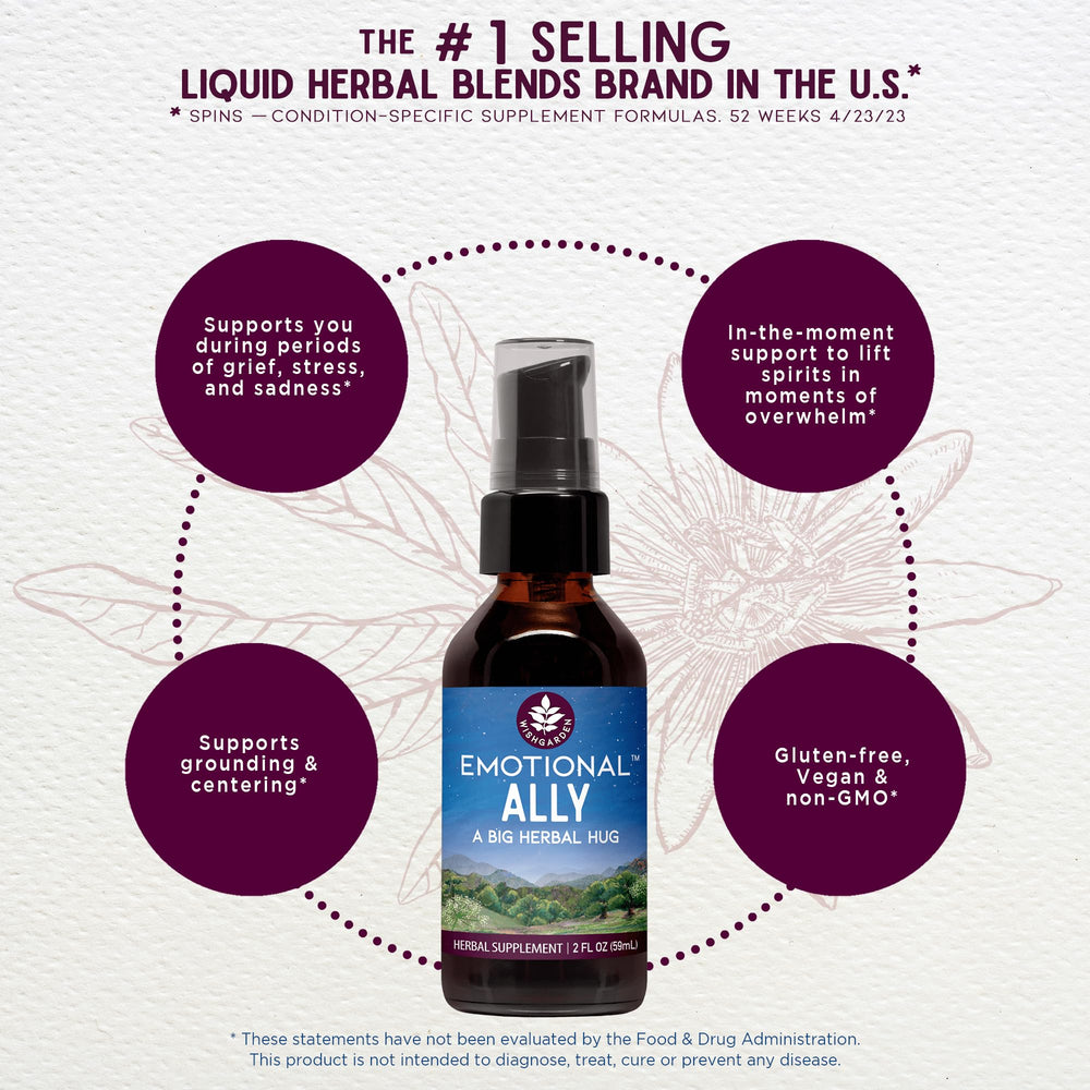 WishGarden Emotional Ally label close-up emphasizes organic, non-GMO ingredients