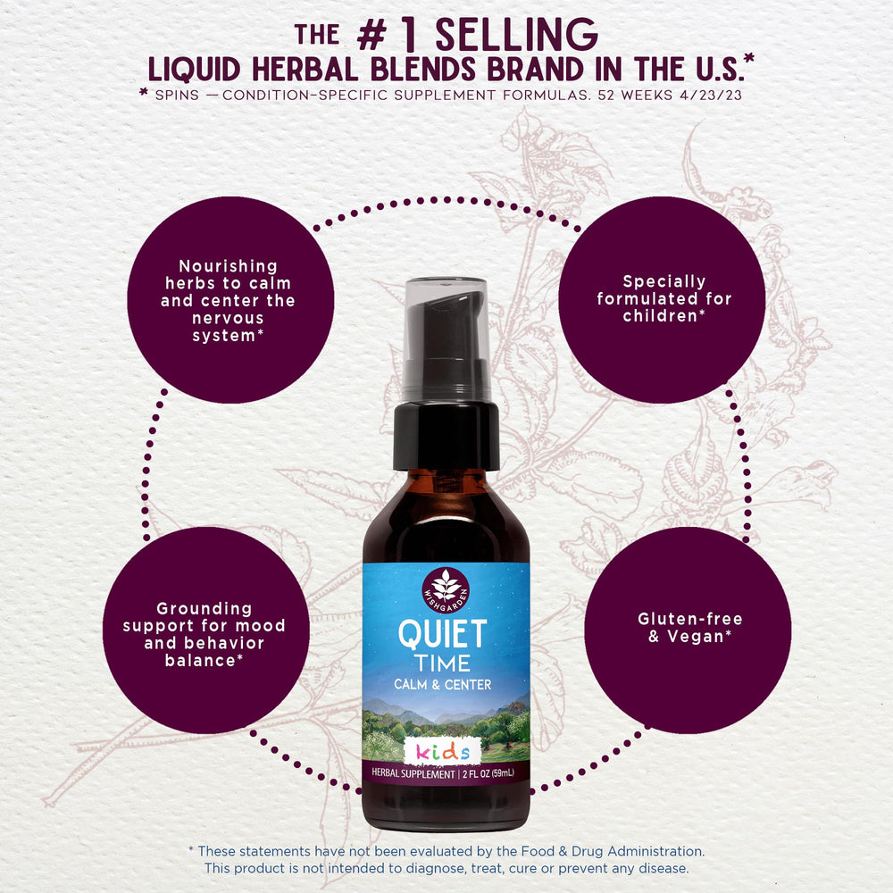 WishGarden Quiet Time bottle label front highlights Passionflower and Milky Oats.