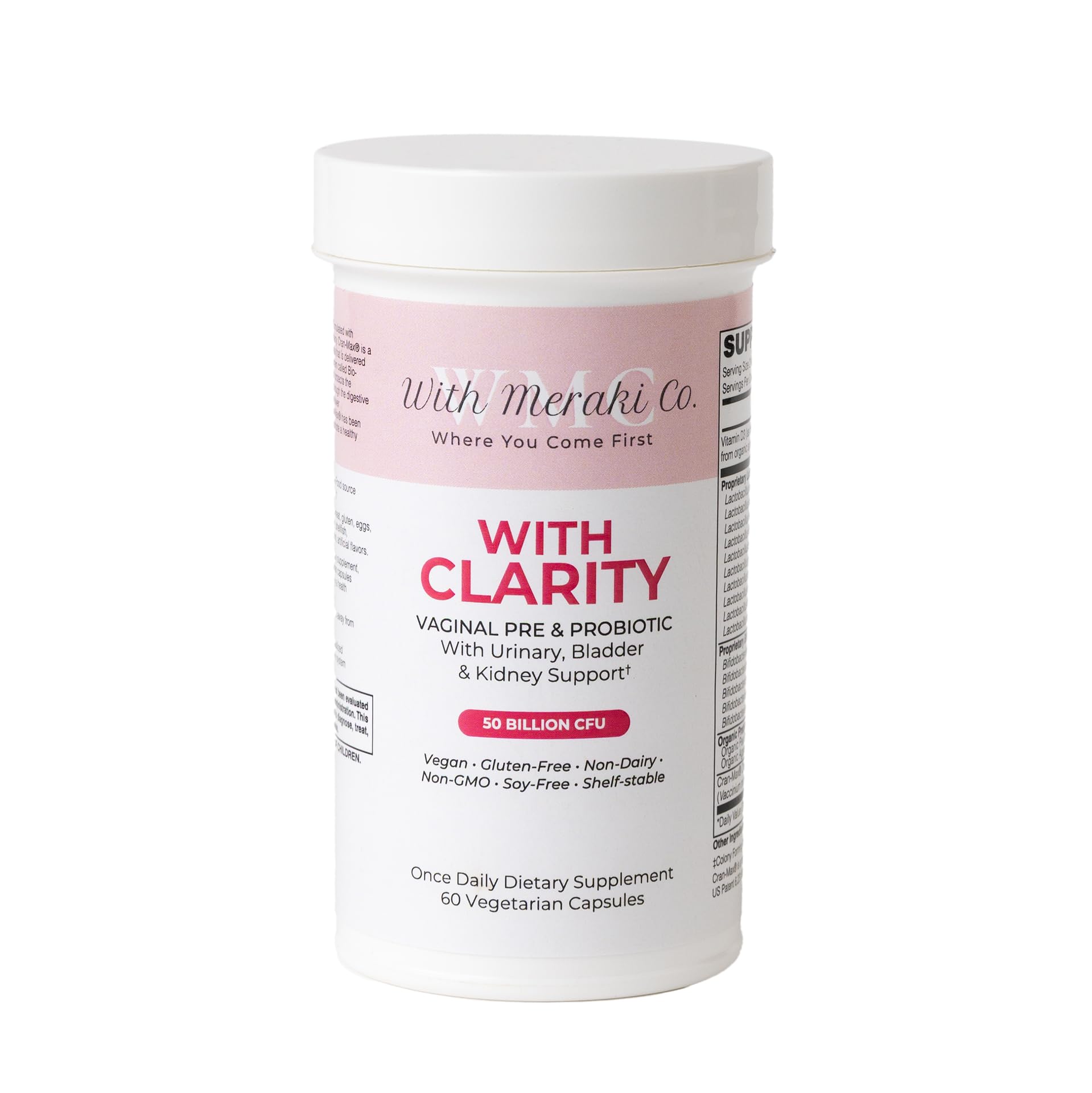 With Meraki Co. Clarity bottle pour showing probiotic blend for daily vaginal and urinary support