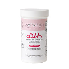 With Meraki Co. Clarity bottle pour showing probiotic blend for daily vaginal and urinary support