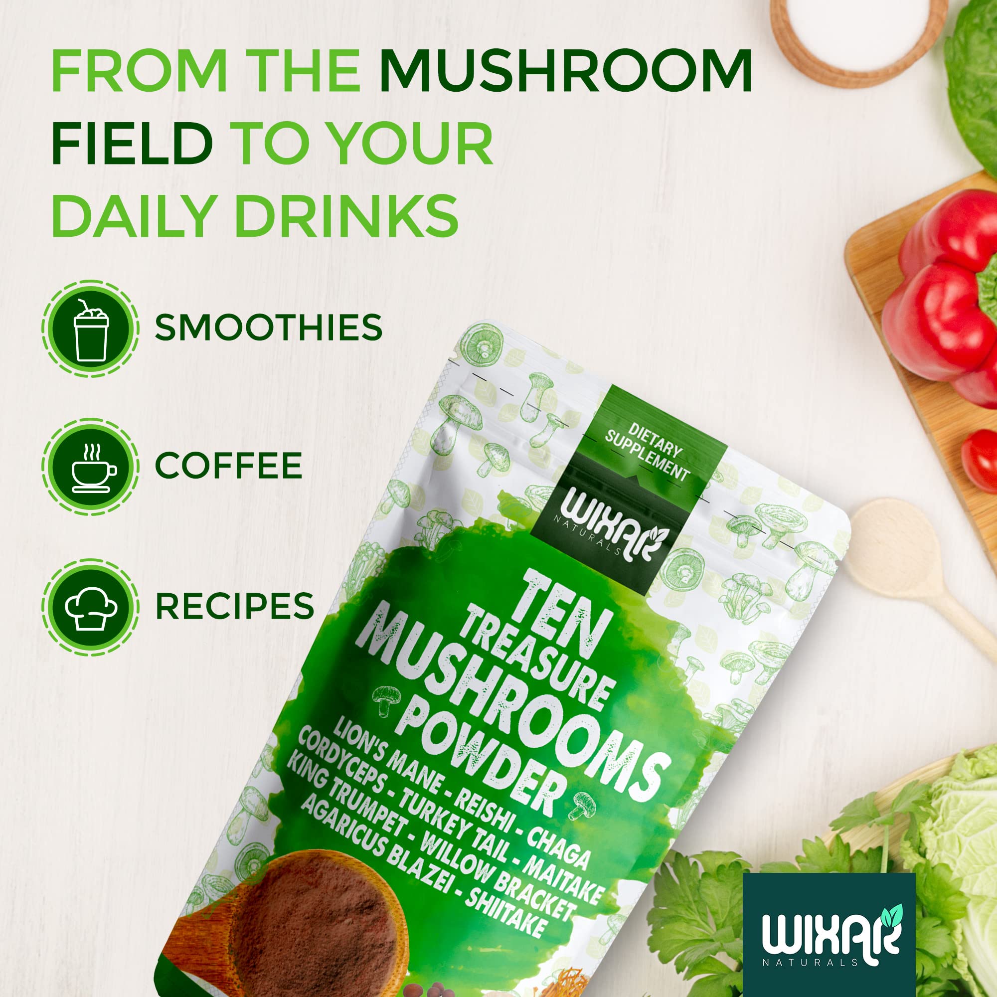 Wixar Naturals smoothie with mushroom powder enhancing breakfast.