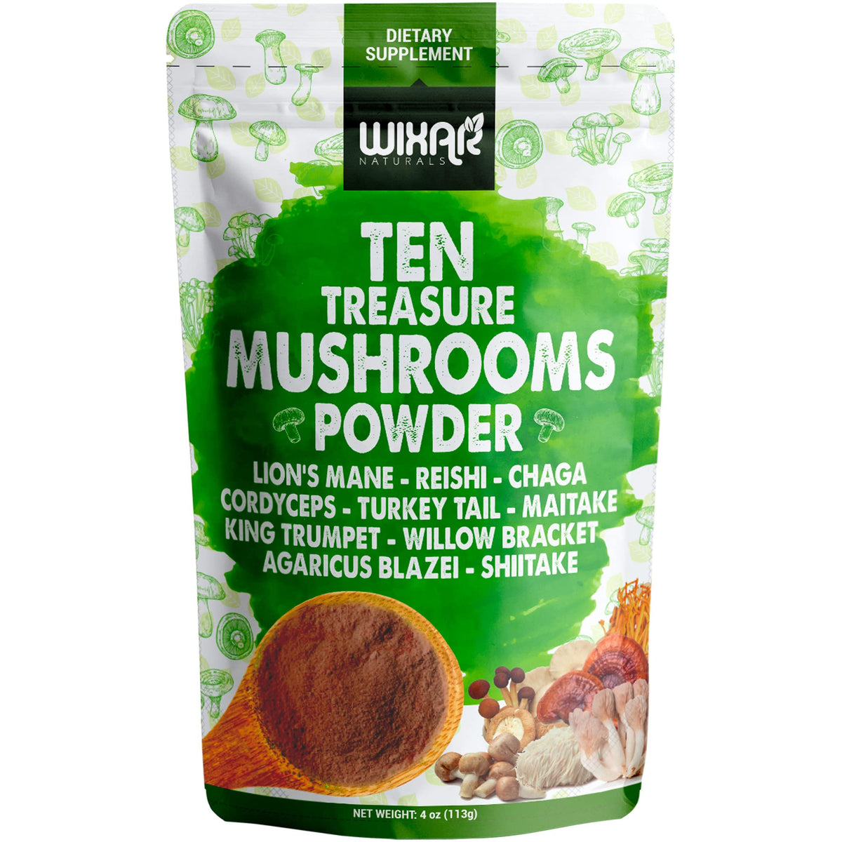 Wixar Naturals Ten Treasure Mushrooms Powder bottle for convenient daily use.