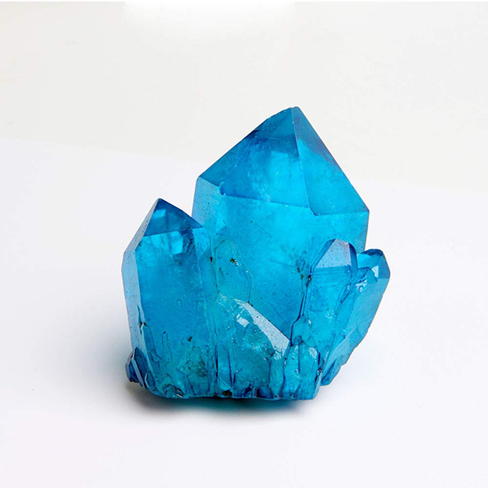 Wixine blue titanium quartz cluster closeup highlights shimmering surface and mineral detail.