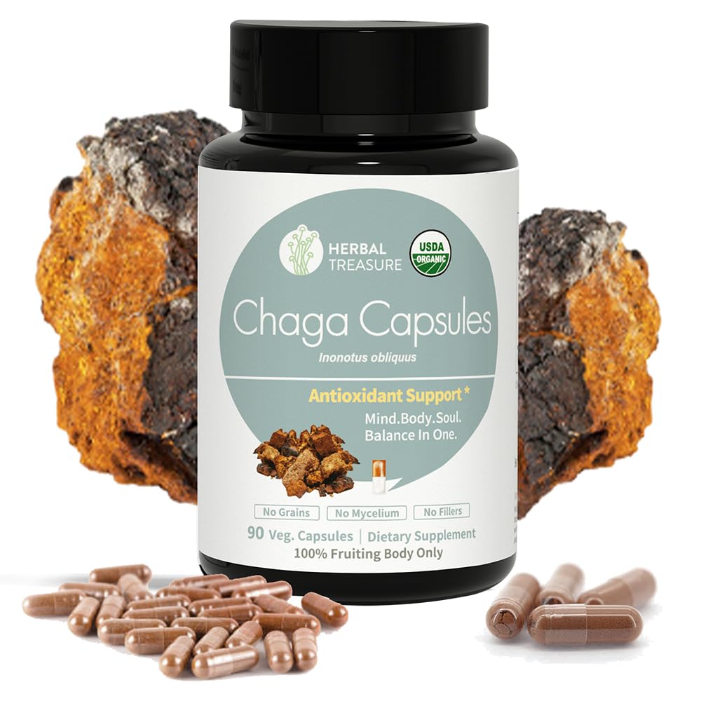 WL Herbal Treasure Chaga capsules bottle front showing organic energy support