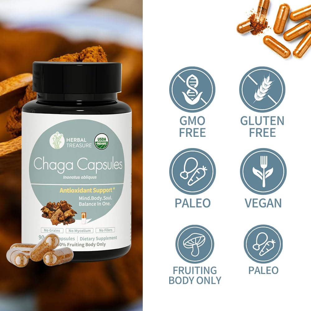 WL Herbal Treasure Chaga label seal indicating organic and non-GMO quality