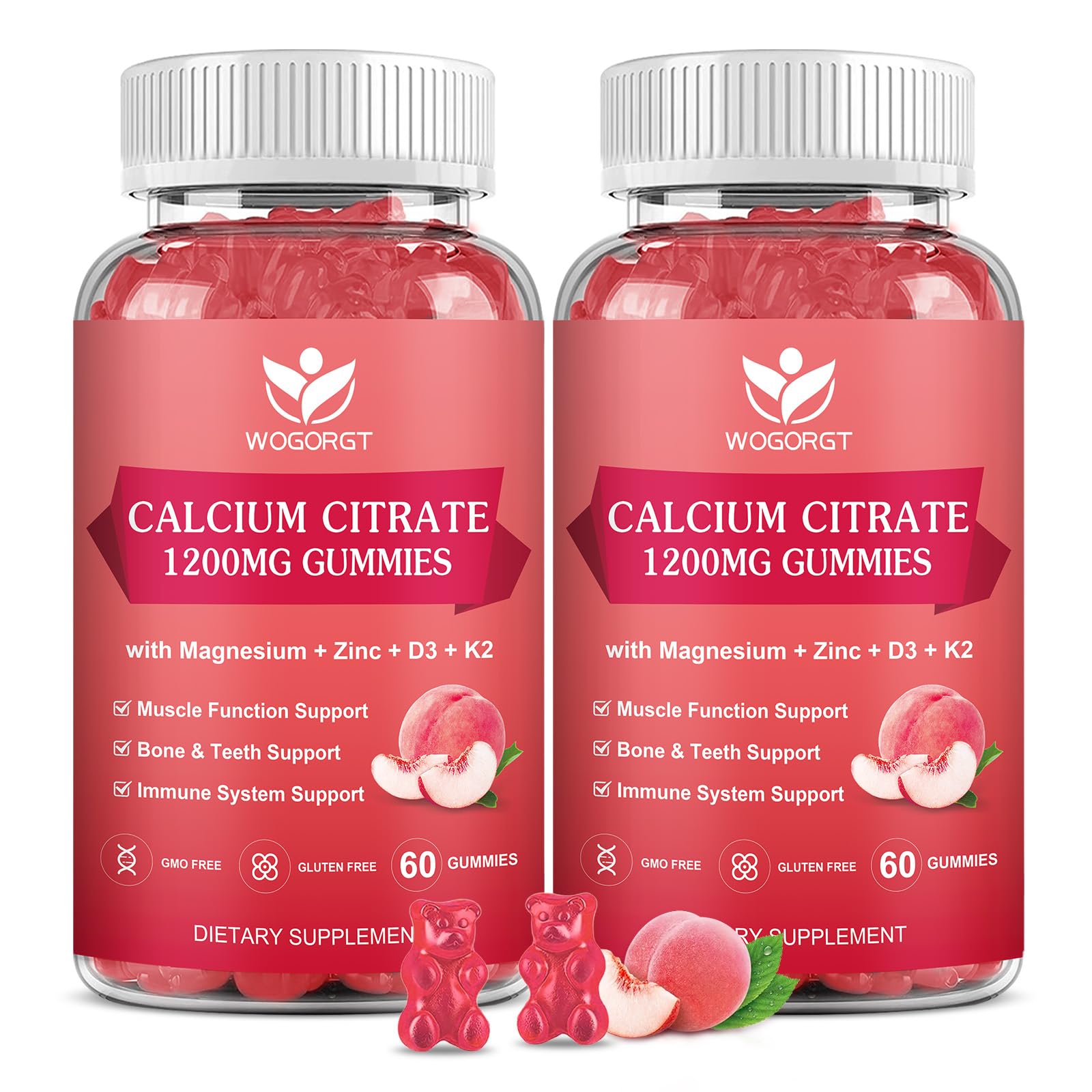 WOGORGT Calcium Citrate gummies bottle highlights chewable calcium for bone and teeth support.