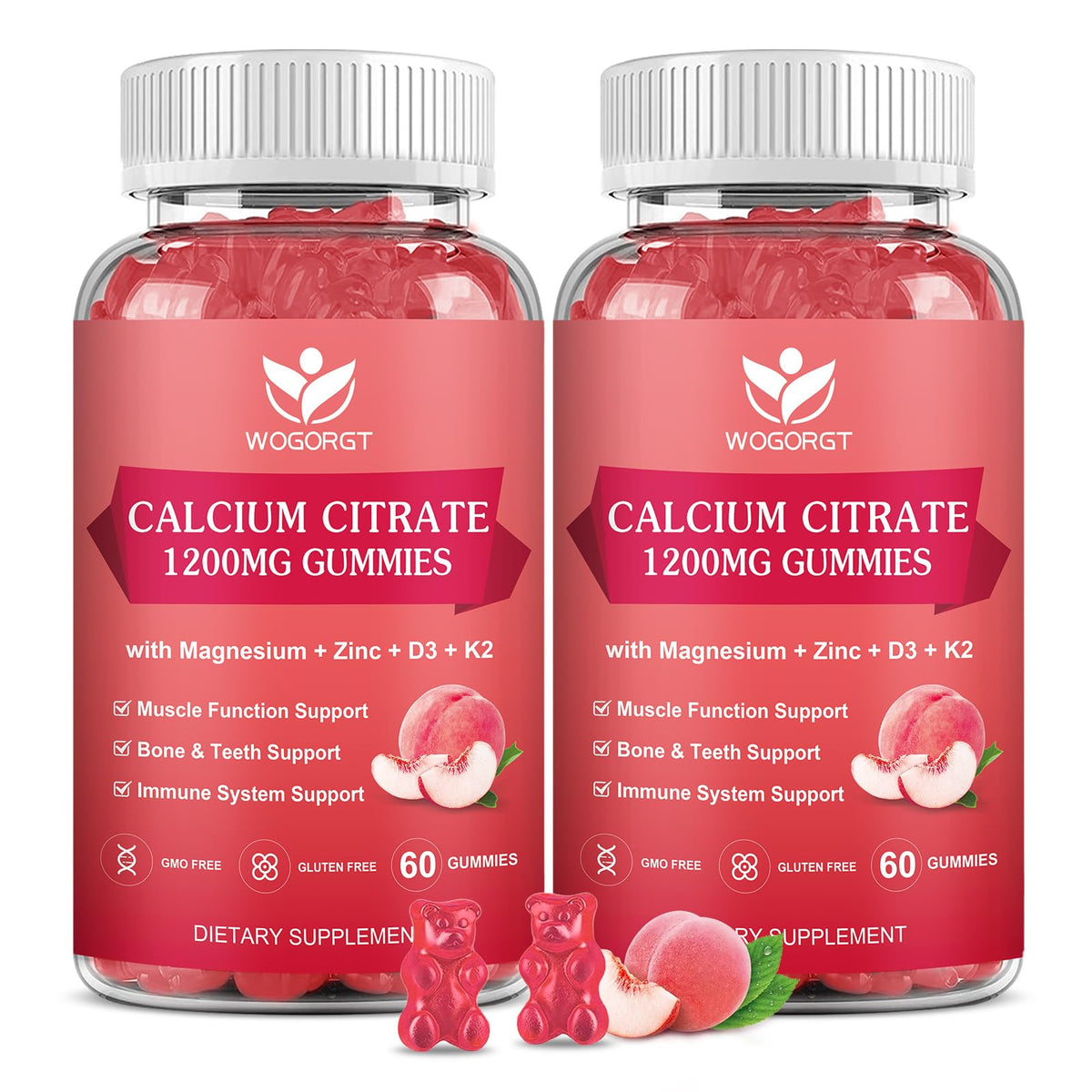 WOGORGT Calcium Citrate gummies bottle highlights chewable calcium for bone and teeth support.
