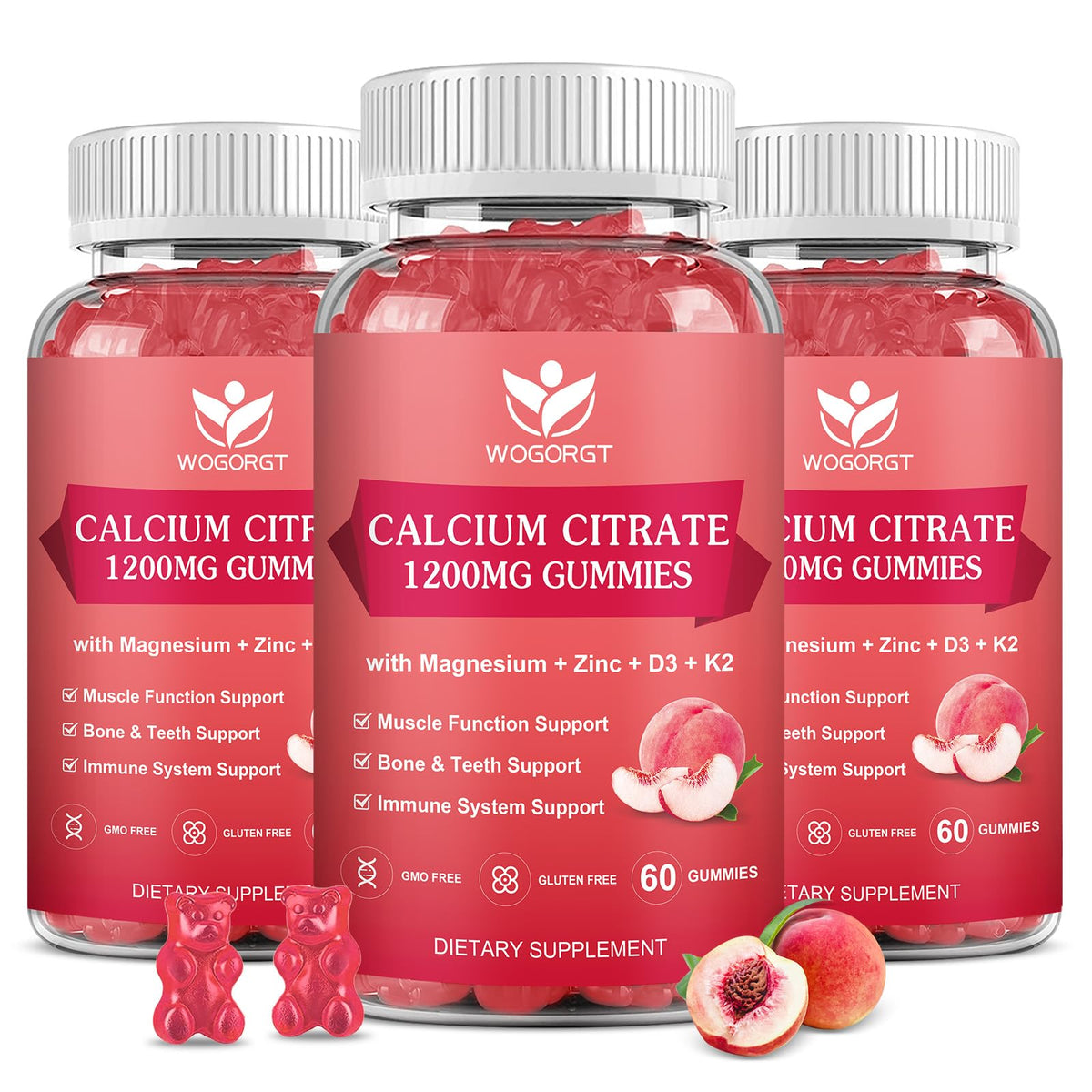 WOGORGT Calcium Citrate gummies bottle shows easy-to-take immune-support supplement.