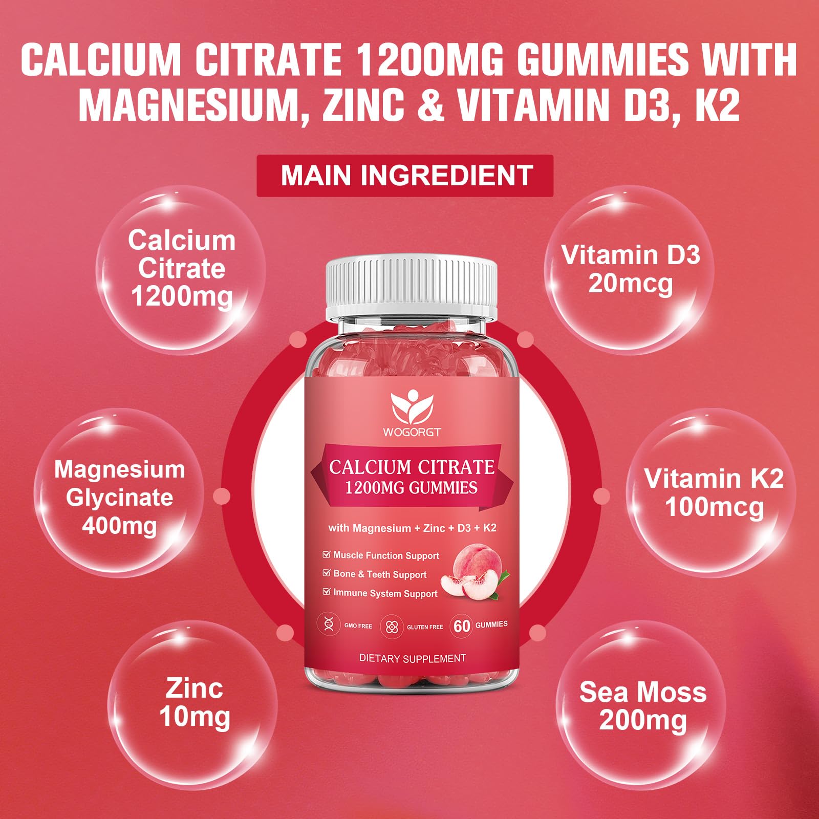 WOGORGT Calcium Citrate gummies peach flavor bottle highlights Vitamin D3 and K2 synergy.