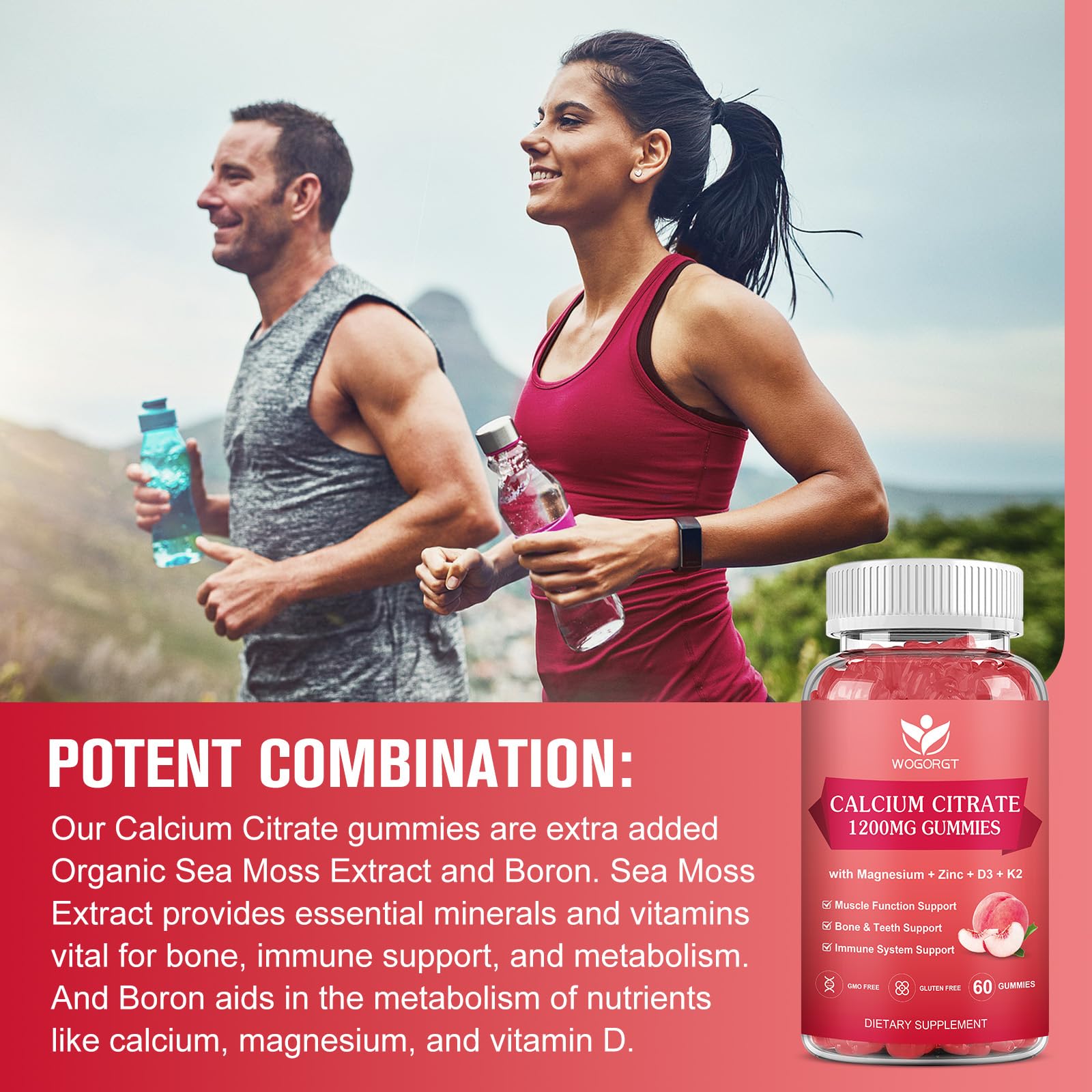 WOGORGT ingredient panel highlights 1200mg calcium citrate and supporting vitamins.