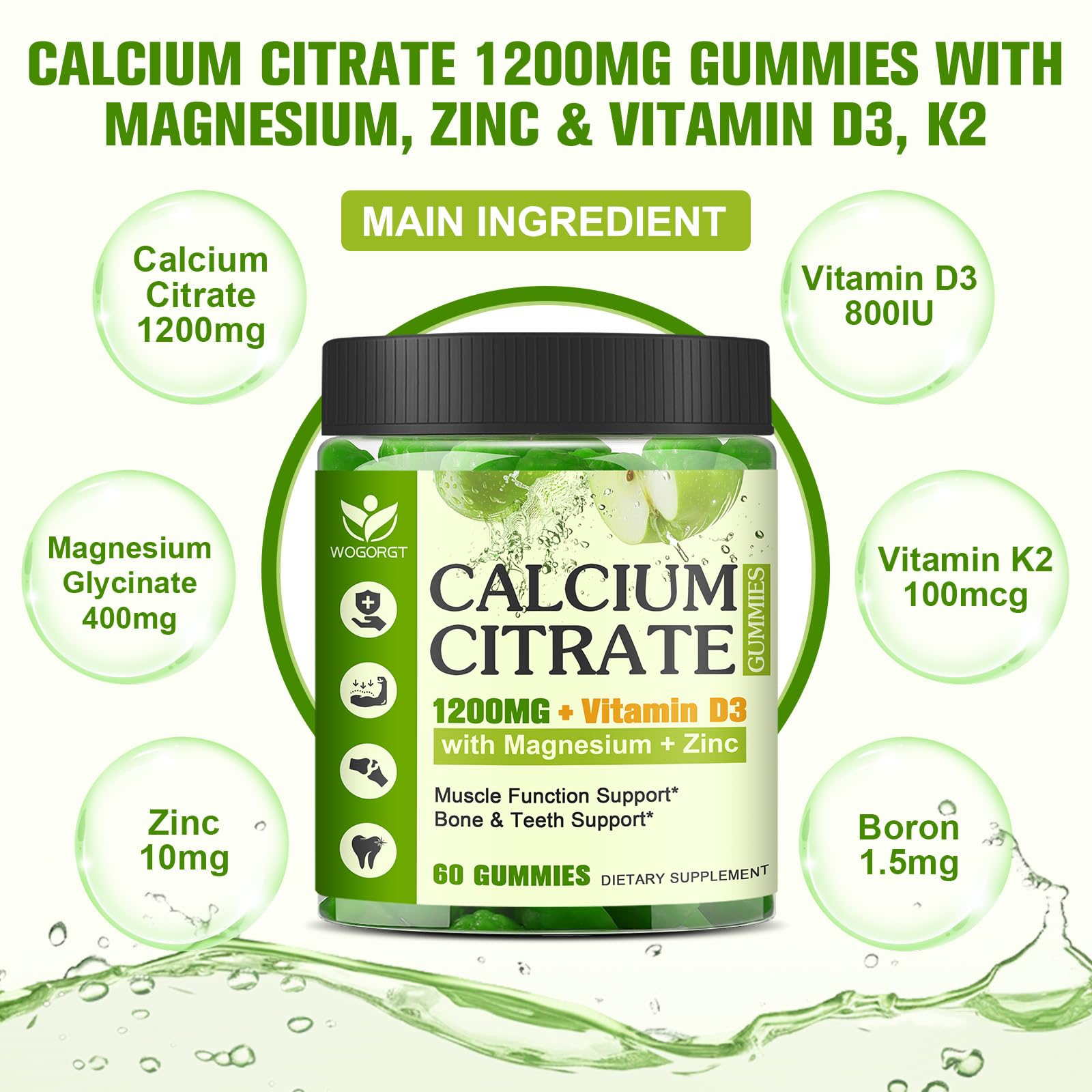 WOGORGT bottle label highlights 1200mg calcium citrate per serving