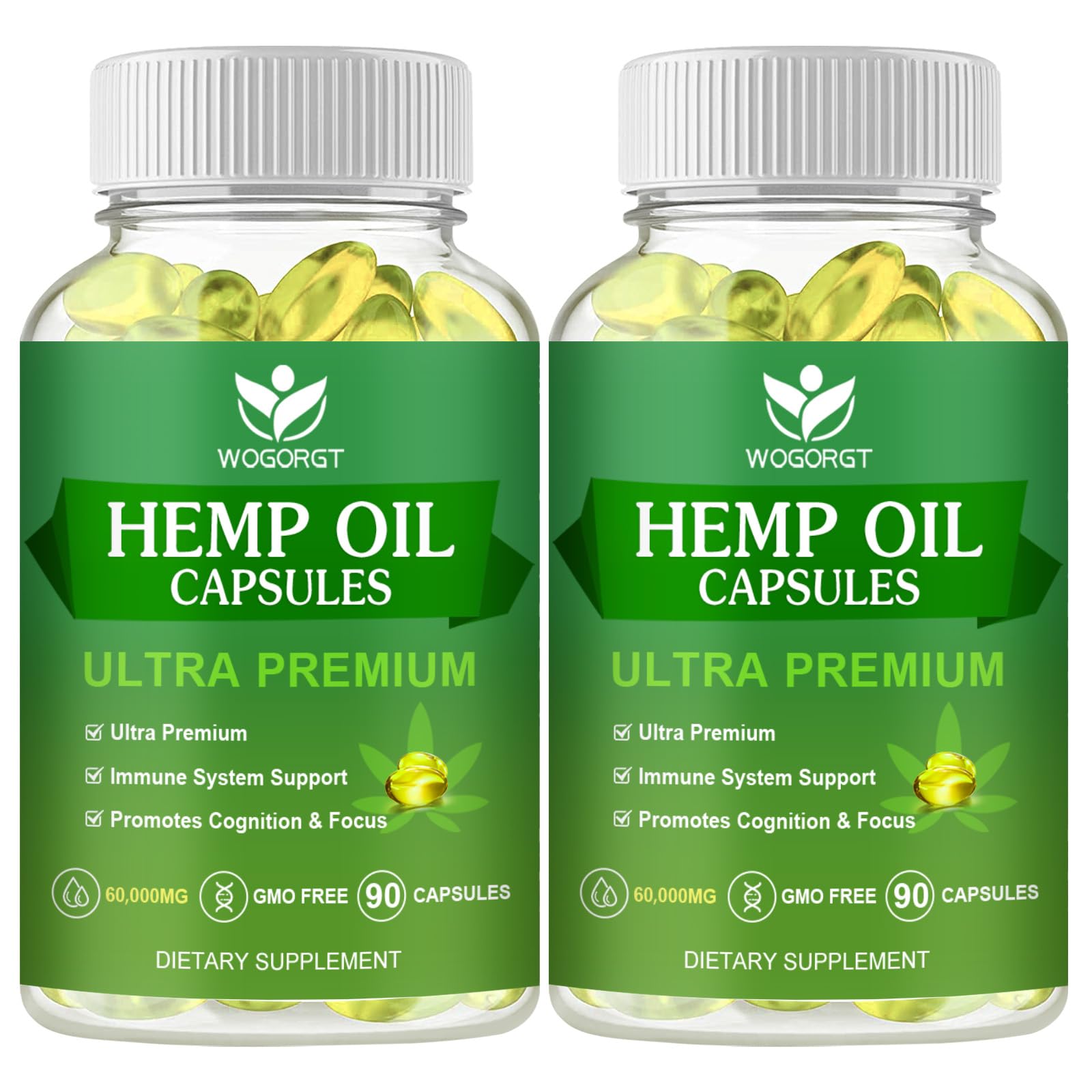 WOGORGT hemp oil capsules bottle front showing premium omega nutrients for daily wellness.