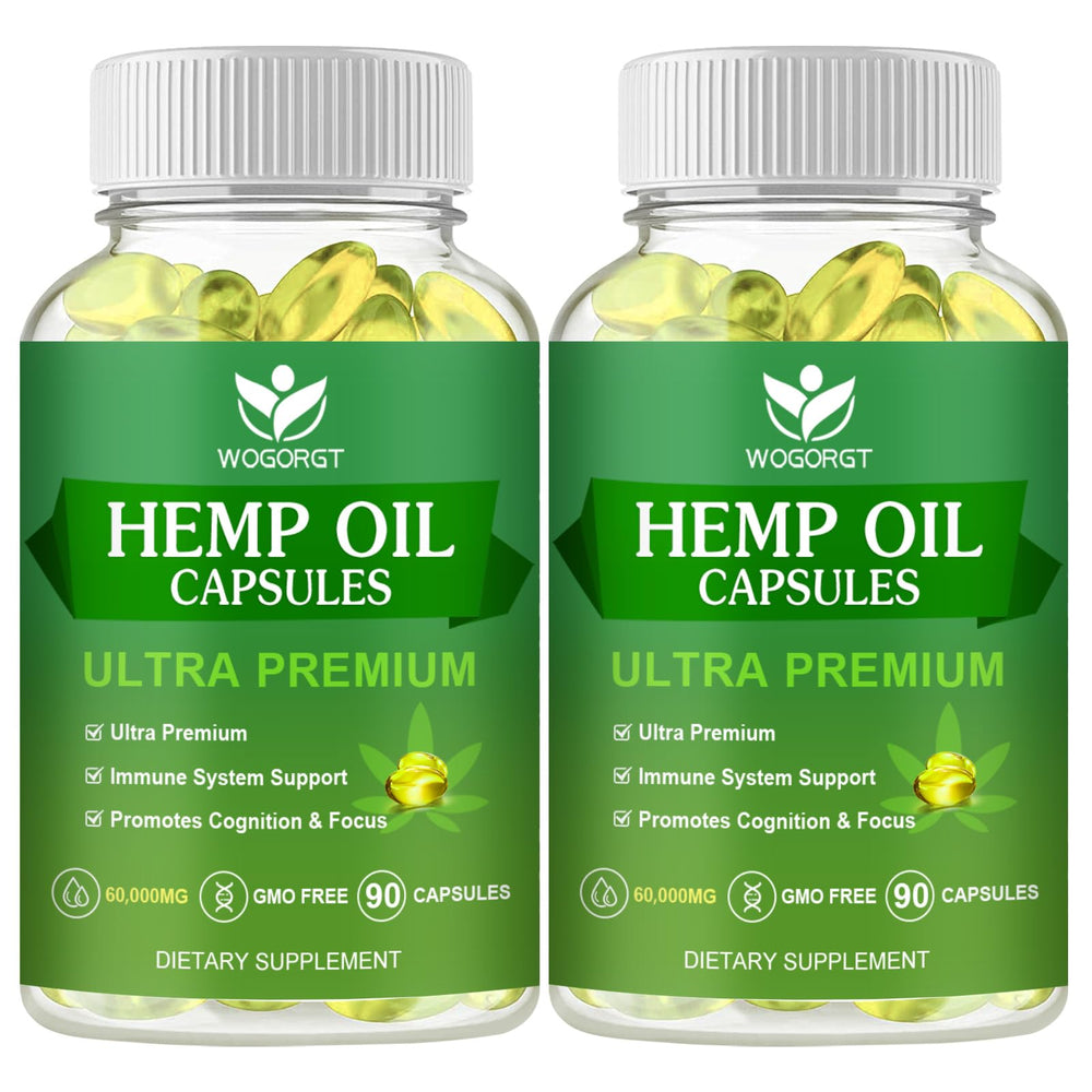 WOGORGT hemp oil capsules bottle front showing premium omega nutrients for daily wellness.