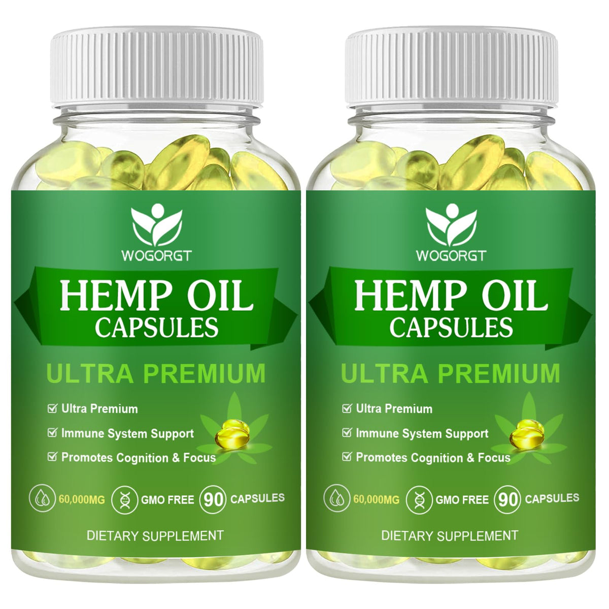 WOGORGT hemp oil capsules bottle front showing premium omega nutrients for daily wellness.