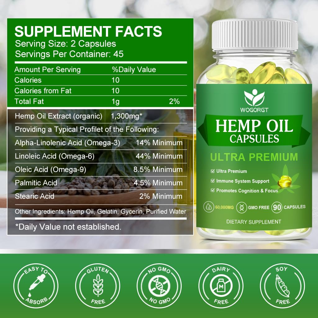WOGORGT hemp oil capsules bottle pour illustrating easy-to-take daily supplement.
