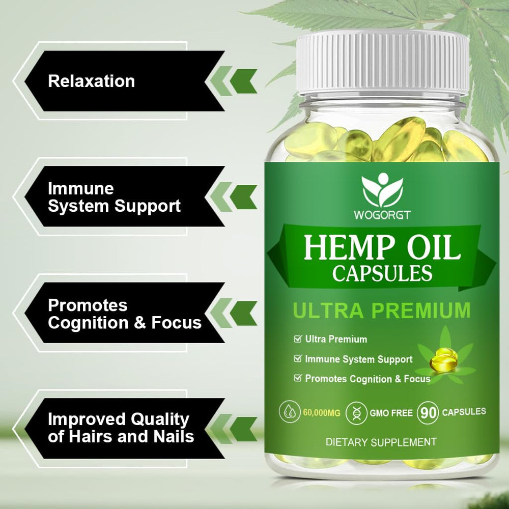 WOGORGT hemp oil capsules closeup reveals soft gel texture.