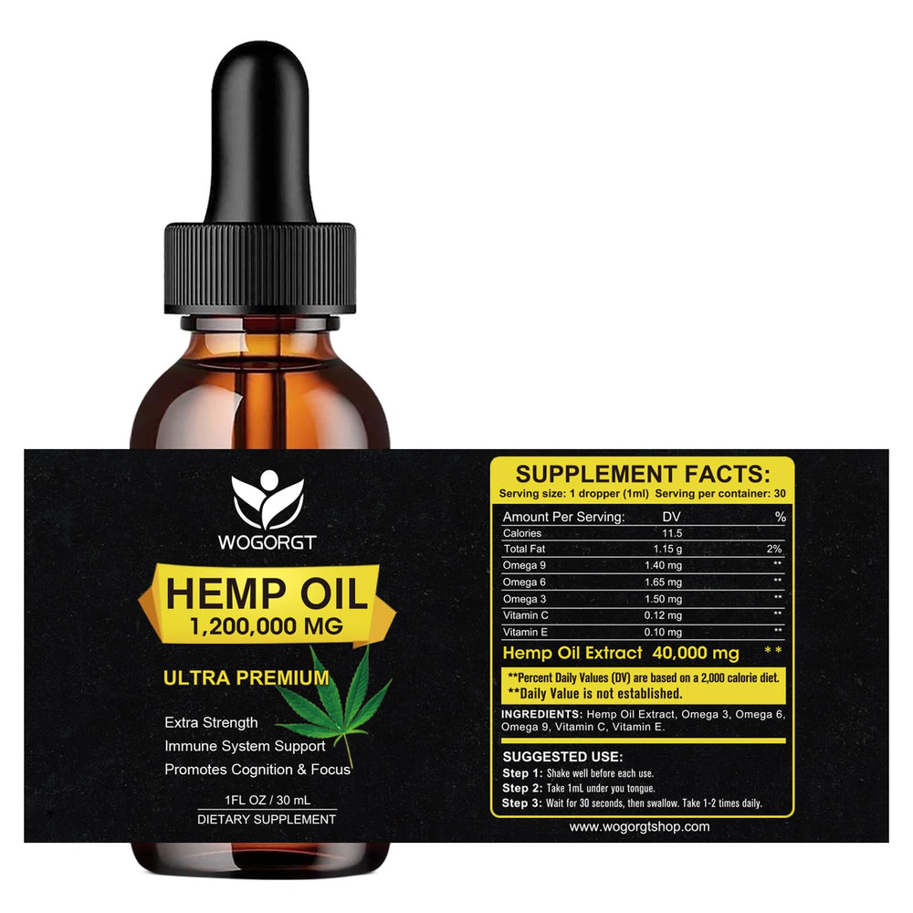 WOGORGT hemp oil being poured into a glass for a calming routine.