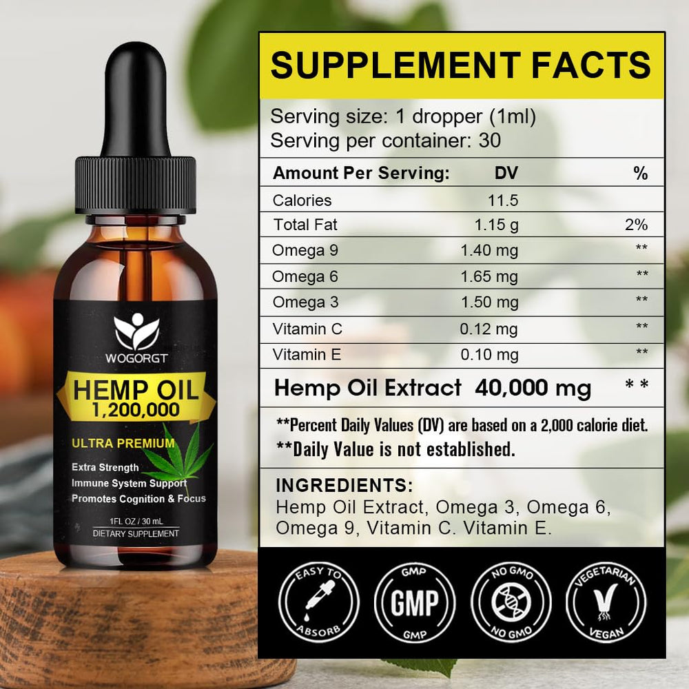 WOGORGT hemp oil bottle pour showing easy dosing for relaxation.