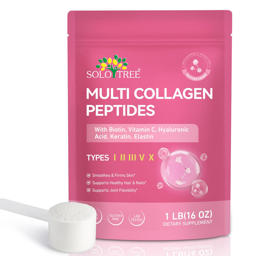 WOJBALMN collagen peptides powder bottle on kitchen counter for daily supplement.