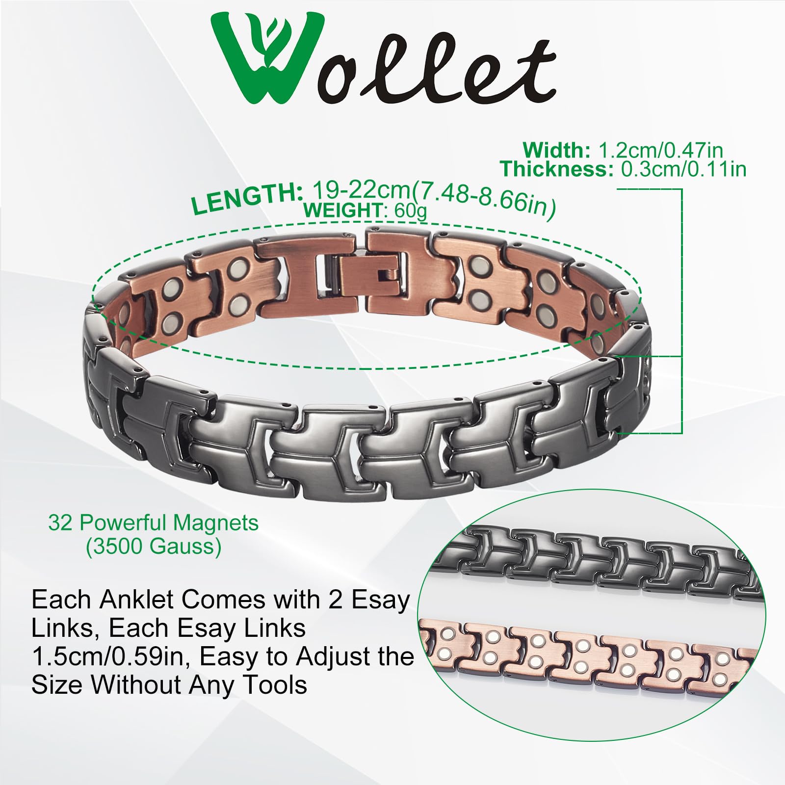 Wollet Puer copper bracelet detail highlighting skin-friendly finish and adjustable band.
