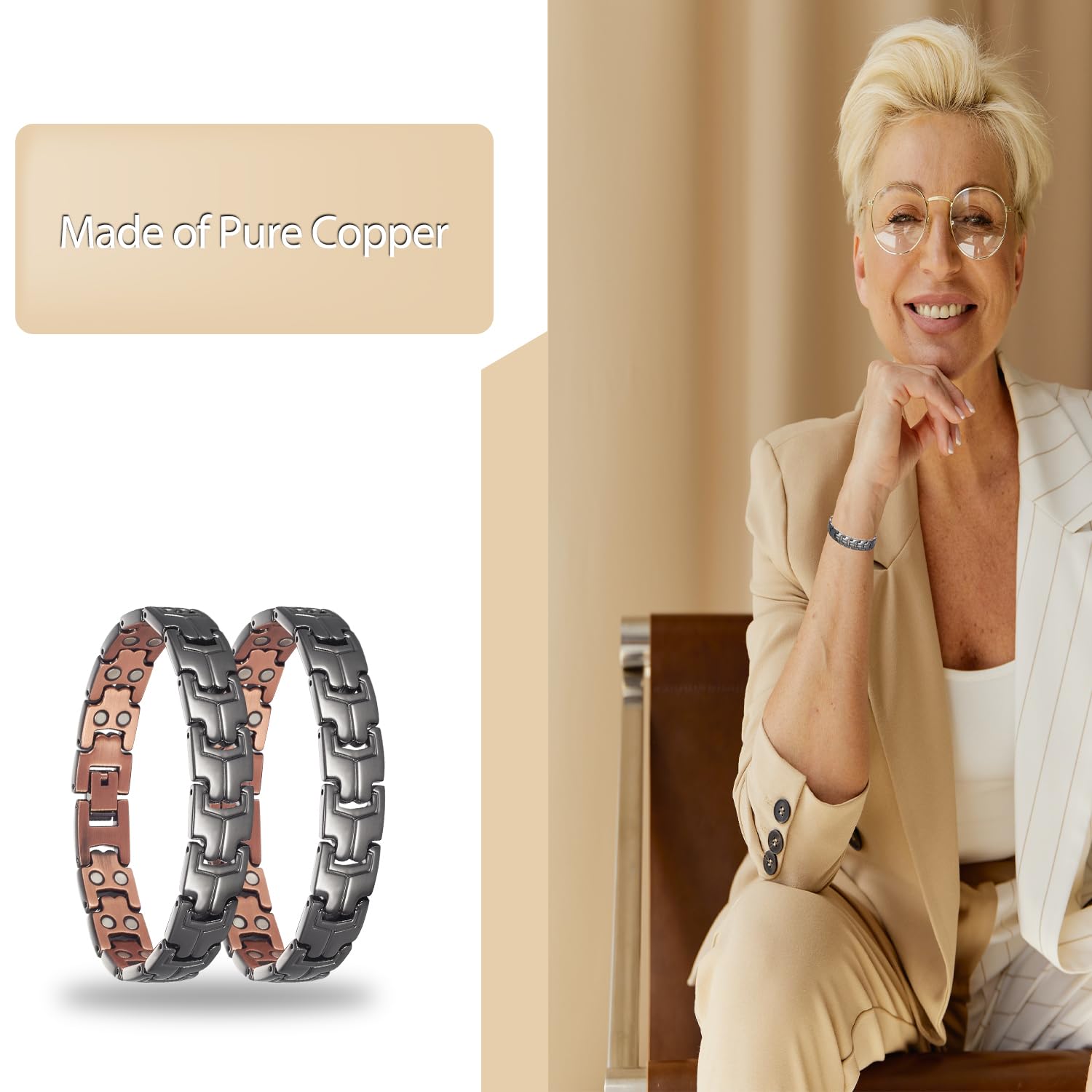 Wollet Puer copper bracelet close-up magnets showing 3500 Gauss strength for everyday use.