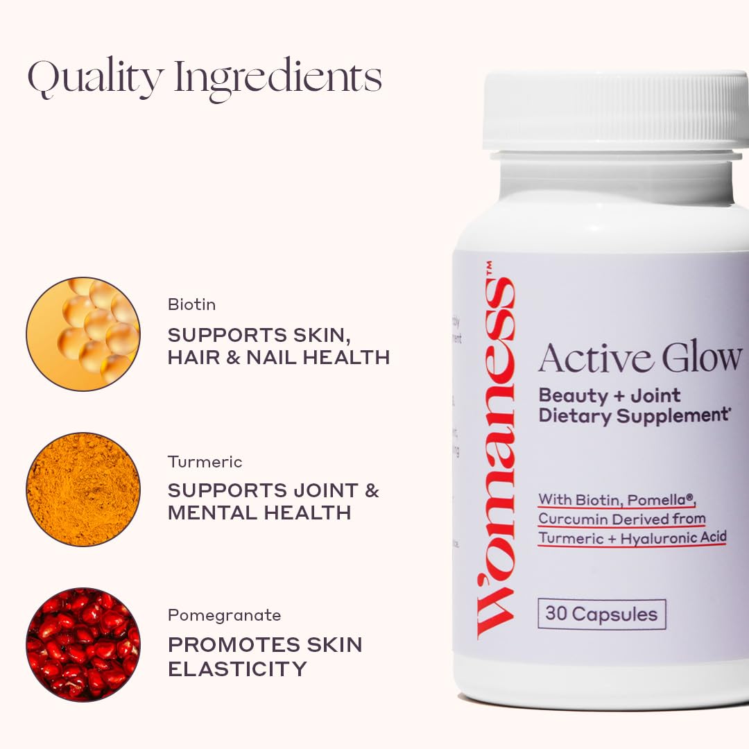 Womaness Active Glow bottle side showing compact daily capsule