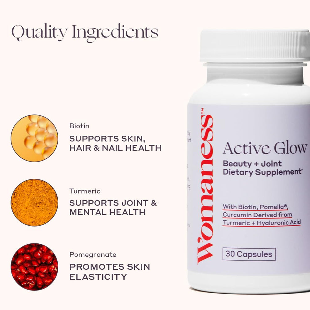 Womaness Active Glow bottle side showing compact daily capsule