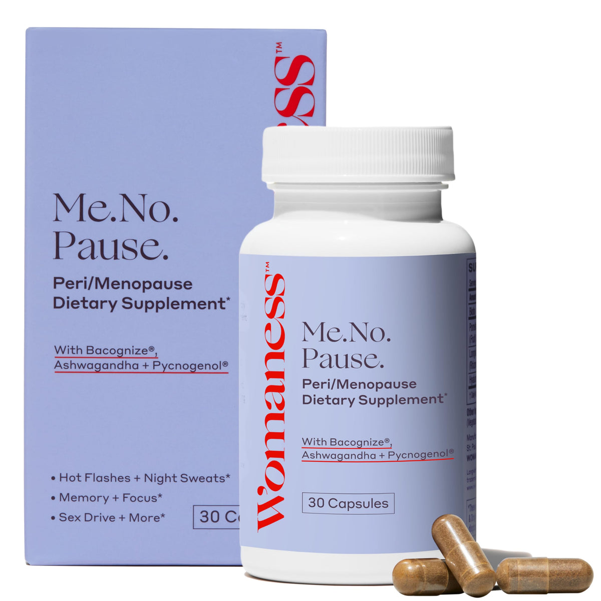 Womaness menopause supplements bottle for daily perimenopause support.