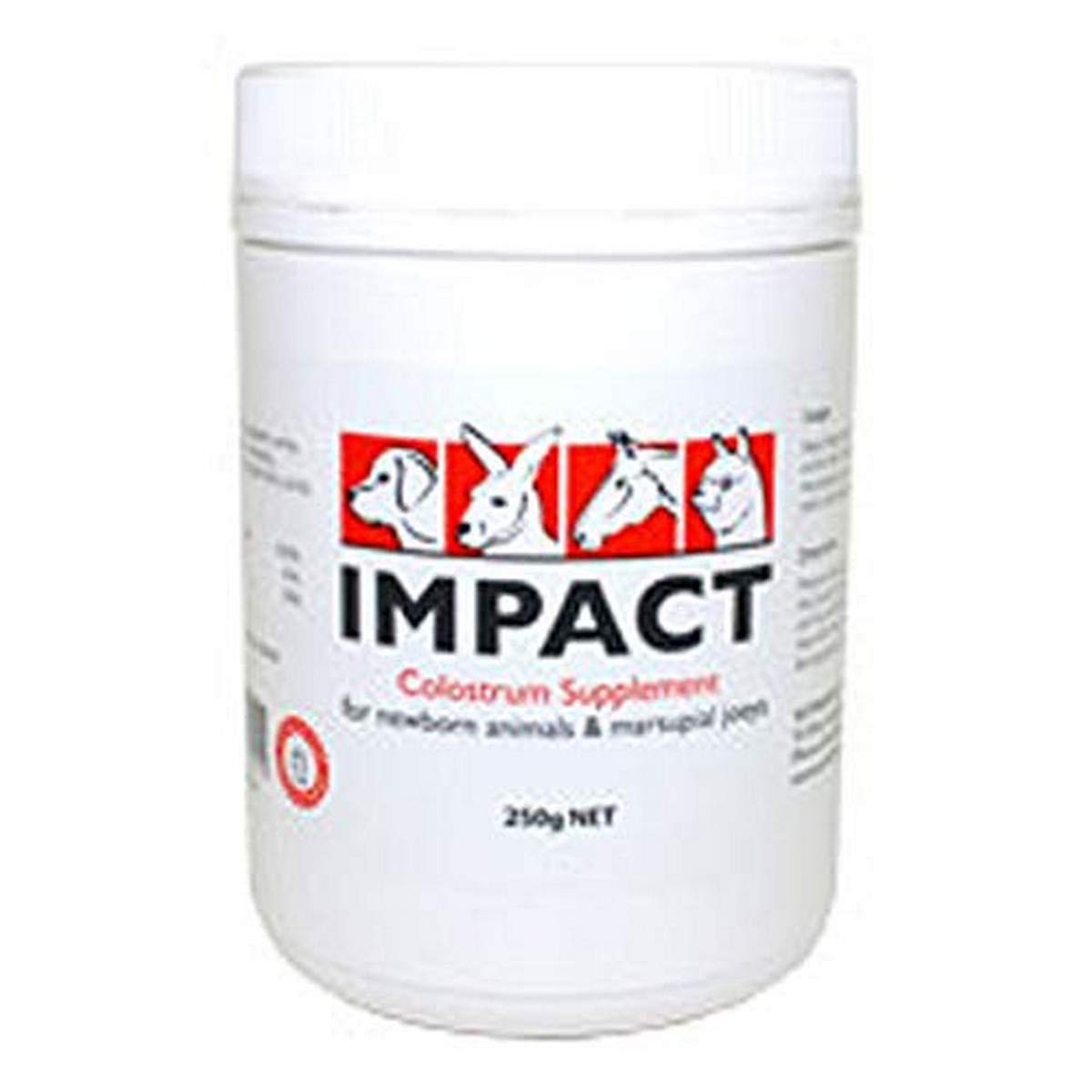 Wombaroo Impact Colostrum Supplement jar supports newborn mammals' immune function and gut health.